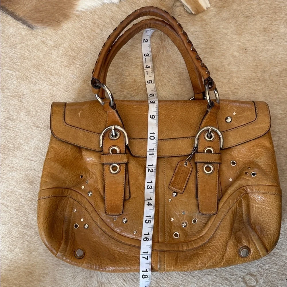 vintage Y2K Coach Hampton satchel in a tan color leather silver studs braided